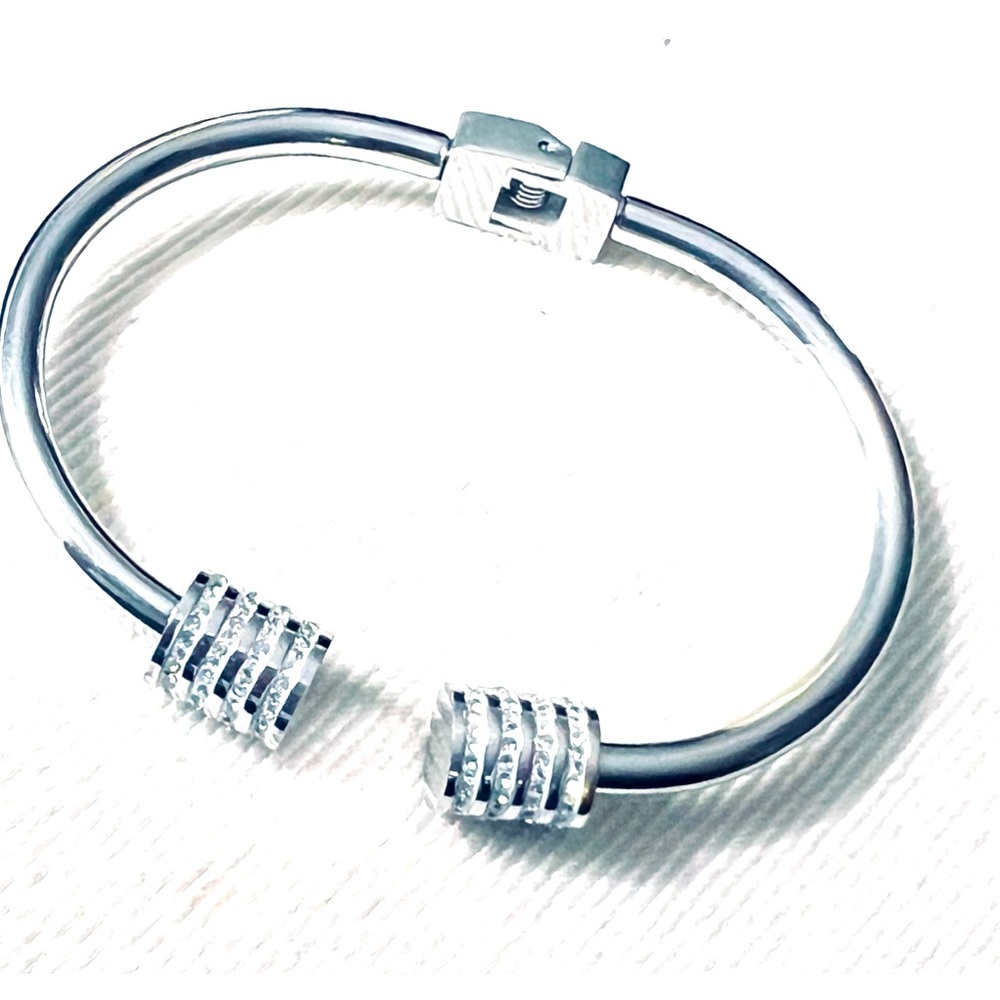 Stainless Steel Barrel Bangle with CZs